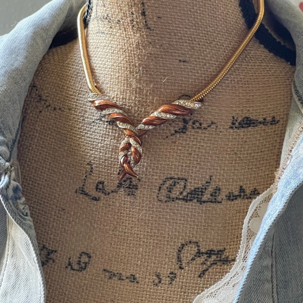 Vintage D’Orlan Twisted Necklace• Gold Snake Chain & Rhinestones Brown Enamel